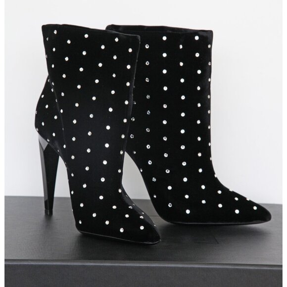 SAINT LAURENT BOOTS FREJA CRYSTAL STUDDED VELVET ANKLE BOOTIES sz 36.5 6.5 US - Picture 12 of 15